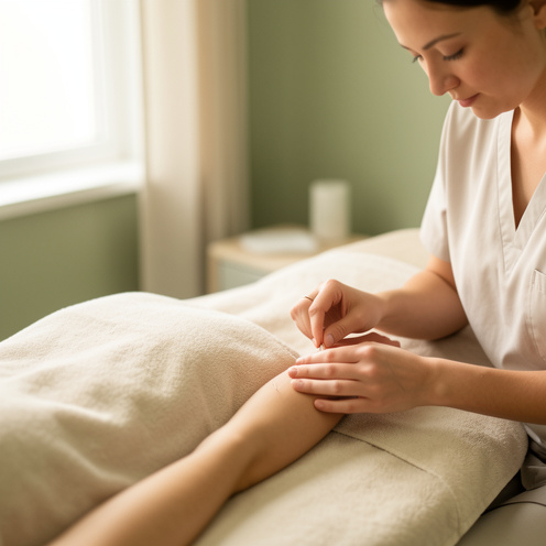 Une patiente reçoit un soin d’acupuncture réalisé avec douceur par une praticienne dans une atmosphère calme et lumineuse.