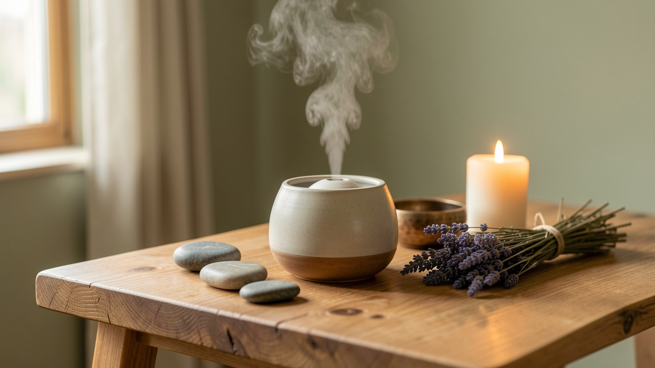 Rituel sensoriel apaisant avec diffuseur d’huiles essentielles, pierres de méditation, bol chantant, lavande séchée et lumière chaleureuse.
