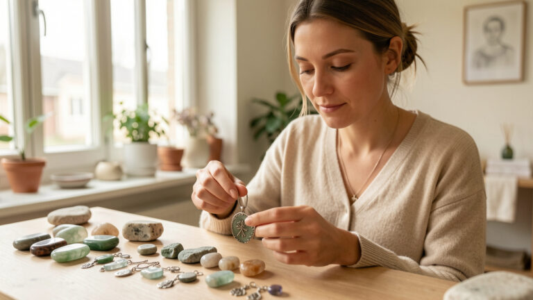 Une femme choisit un pendentif symbolique parmi des pierres naturelles dans un espace de bien-être lumineux à Angers.