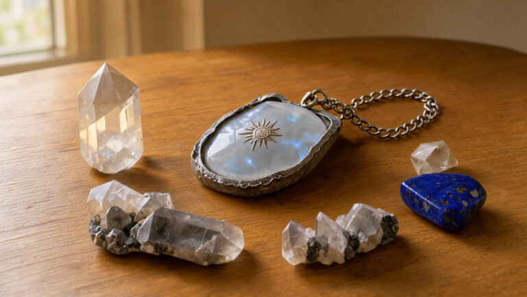 Bijou talisman artisanal accompagné d’une pierre de lune, d’un symbole solaire sculpté et de cristaux naturels sur une table en bois.