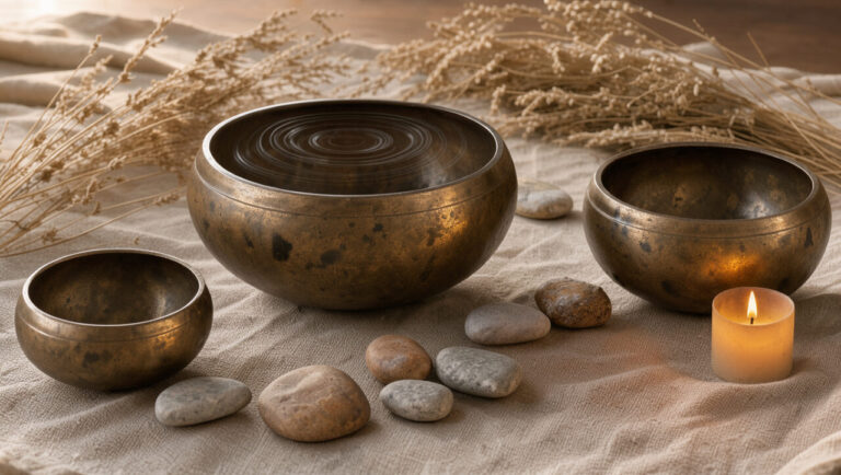 Trois bols tibétains en bronze disposés sur un tapis en lin, évoquant les vibrations sonores et la méditation de pleine présence.