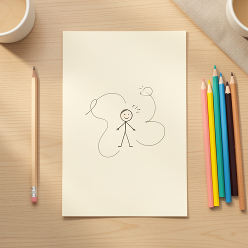 Vue de dessus d’un bureau avec une feuille vierge illustrée d’un schéma symbolique de bonhommes allumettes, un crayon et des crayons de couleur.