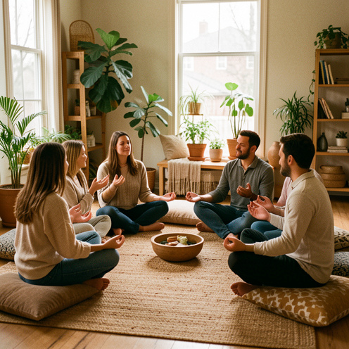 Un groupe diversifié de six adultes assis en cercle dans un espace chaleureux, pratiquant la respiration consciente et échangeant sereinement.