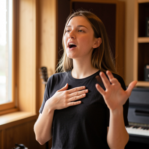 Jeune femme pratiquant un exercice de chant dans un studio de musique chaleureux, une main sur la poitrine et l’autre levée pour accompagner sa respiration.