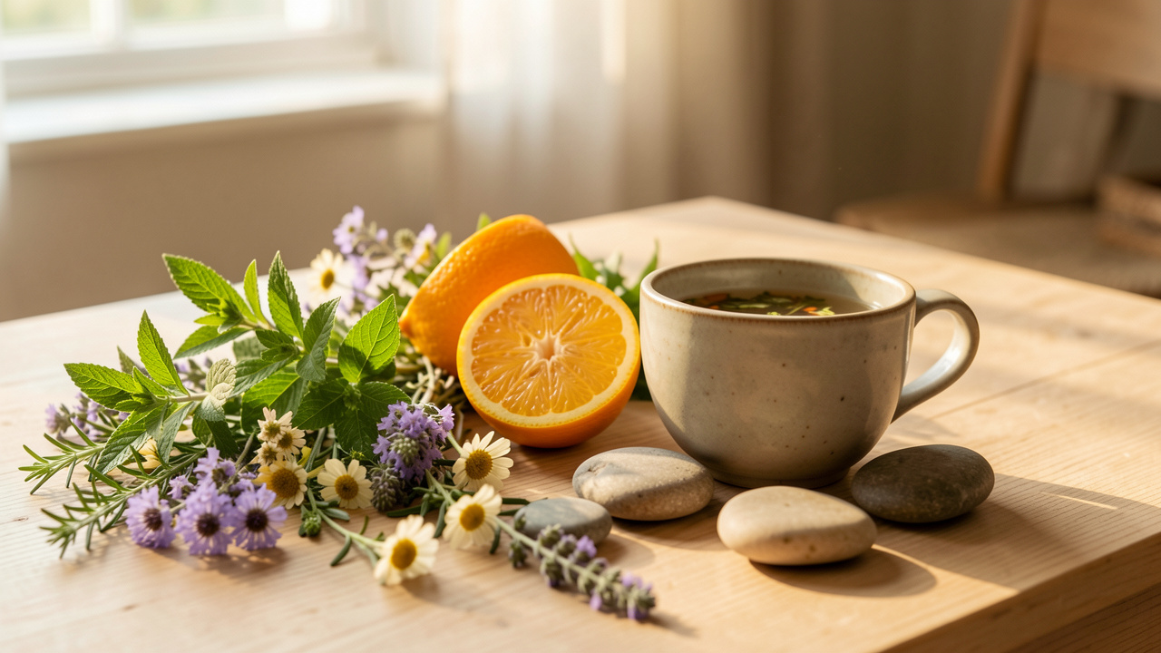 Composition apaisante avec des herbes fraîches, des agrumes, des fleurs sauvages, une tasse en céramique et des pierres lisses, évoquant une approche naturelle et personnalisée du bien-être.