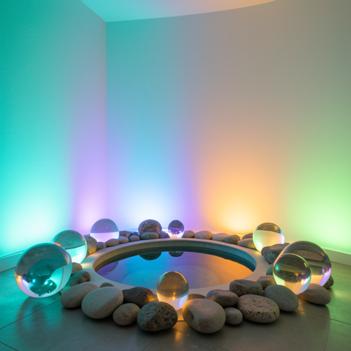 Espace bien-être serein baigné de lumières turquoise, violette, ambrée et verte autour d’un bassin d’eau et de pierres lisses.