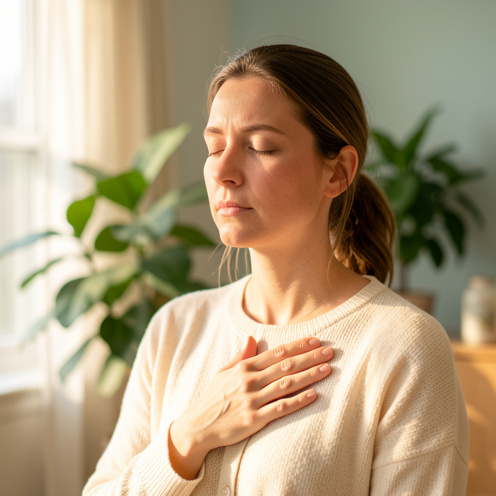 Femme pratiquant une respiration lente et consciente dans un intérieur lumineux et apaisant.
