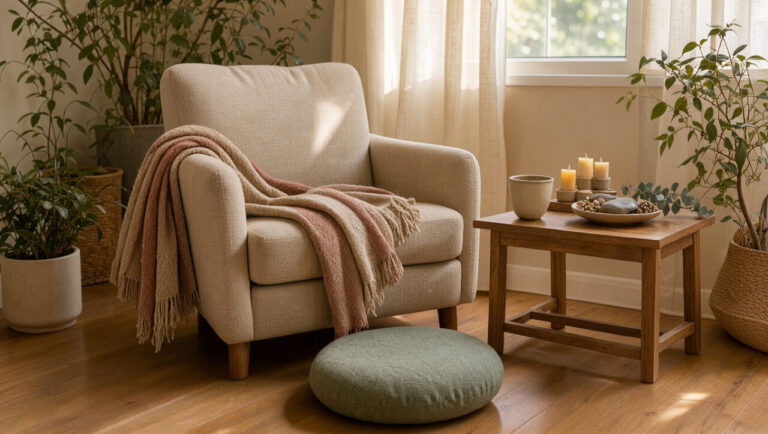 Coin paisible aménagé dans une maison avec fauteuil confortable, plantes, bougies, coussin de méditation et lumière naturelle douce.