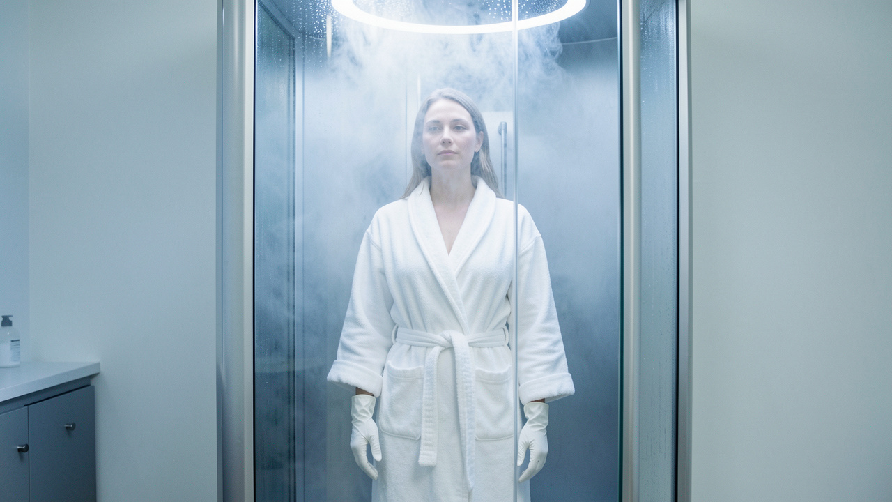 Une femme vêtue d’une robe et de gants protecteurs se tient calmement dans une cabine moderne de cryothérapie, entourée d’une brume froide bleutée.