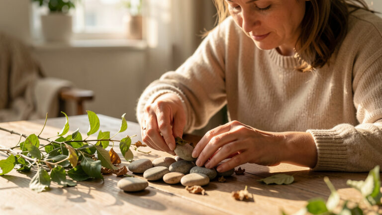 Une femme trie calmement des éléments naturels sur une table en bois, dans une atmosphère lumineuse évoquant le lâcher-prise et le regain d’énergie.