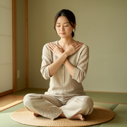 Femme japonaise pratiquant un auto-massage doux des épaules et des mains dans un intérieur calme et lumineux.
