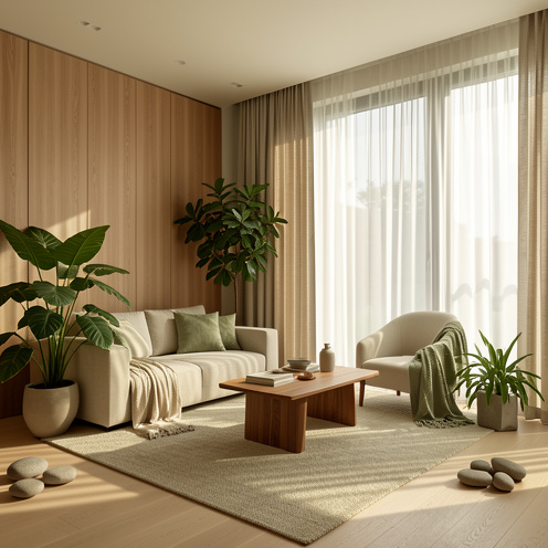 Intérieur contemporain baigné de lumière naturelle, aménagé avec du bois chaleureux, des plantes vertes, des textiles doux et des pierres décoratives pour évoquer l’harmonie et le bien-être.
