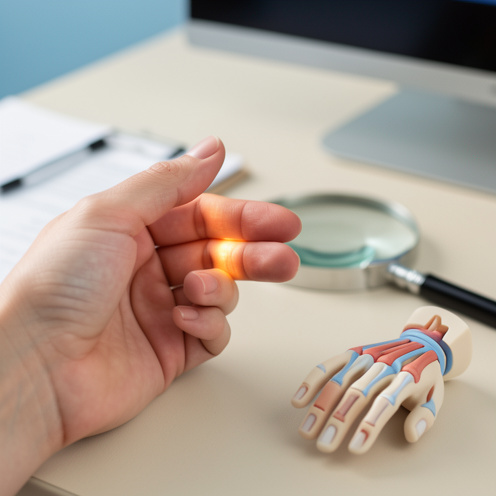 Gros plan réaliste d’une main de femme examinant doucement un doigt douloureux sur un bureau médical avec une loupe et un modèle anatomique de la main.