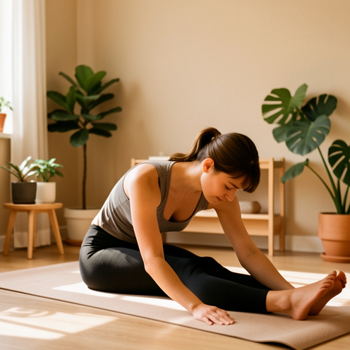 Une jeune femme pratique des étirements doux sur un tapis de yoga dans un intérieur lumineux et apaisant.