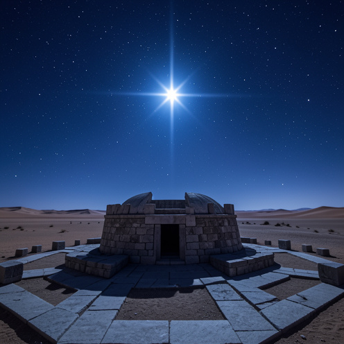 Étoile Sirius brillante au-dessus d’un ancien observatoire de pierre dans un désert nocturne, avec une atmosphère mystérieuse et contemplative.