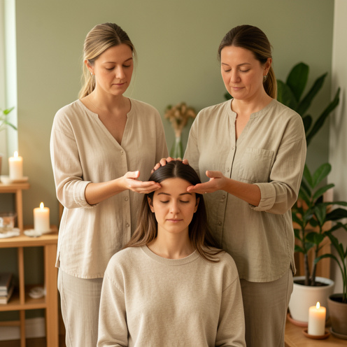 Deux femmes praticiennes montrent des positions de mains au-dessus des épaules d’une autre femme dans une salle sereine dédiée à la formation Reiki, avec une lumière douce, des plantes et une ambiance apaisante.