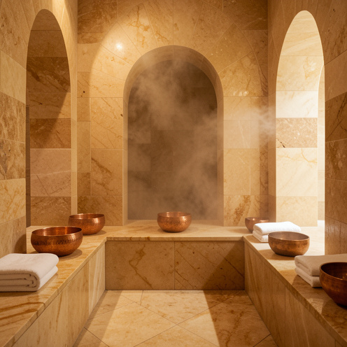 Intérieur chaleureux d’un hammam traditionnel avec banquettes en marbre, vasques en cuivre, serviettes blanches pliées et vapeur douce.
