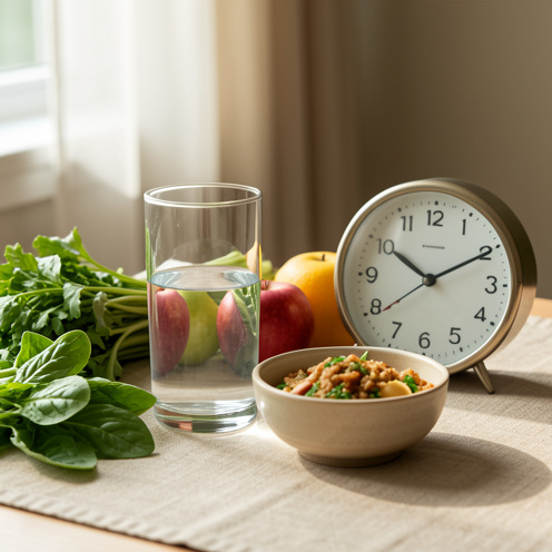 Composition bien-être avec un verre d’eau, des légumes frais, des fruits, un bol d’aliments nourrissants et une horloge sans indication, évoquant le jeûne, l’hydratation et la préparation attentive.