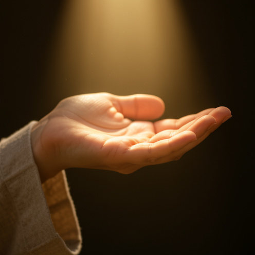Main droite ouverte, paume tournée vers le ciel, éclairée par une douce lumière dorée évoquant la spiritualité et la force intérieure.