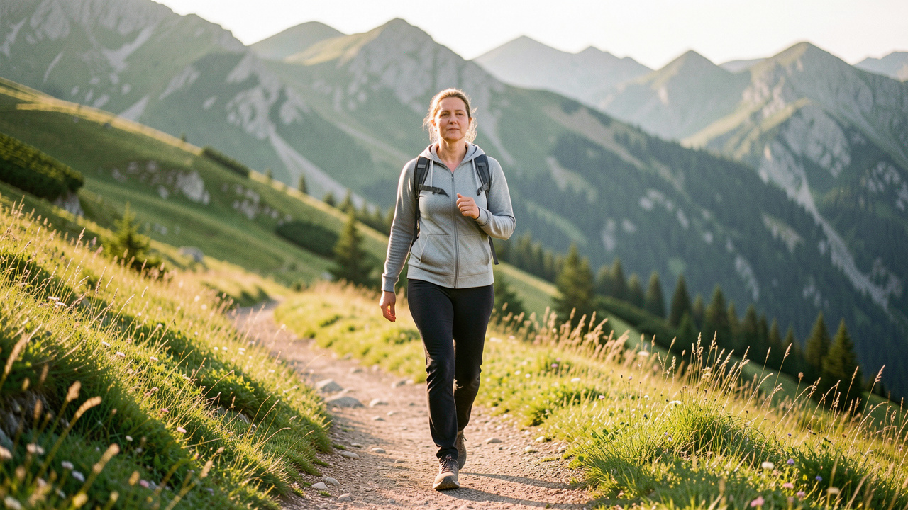 Femme marchant calmement sur un sentier de montagne baigné par la lumière du matin, illustrant une respiration rythmée et une énergie retrouvée.