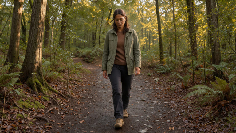 Une femme marche lentement et consciemment sur un sentier forestier, dans une atmosphère paisible qui évoque l’ancrage intérieur.