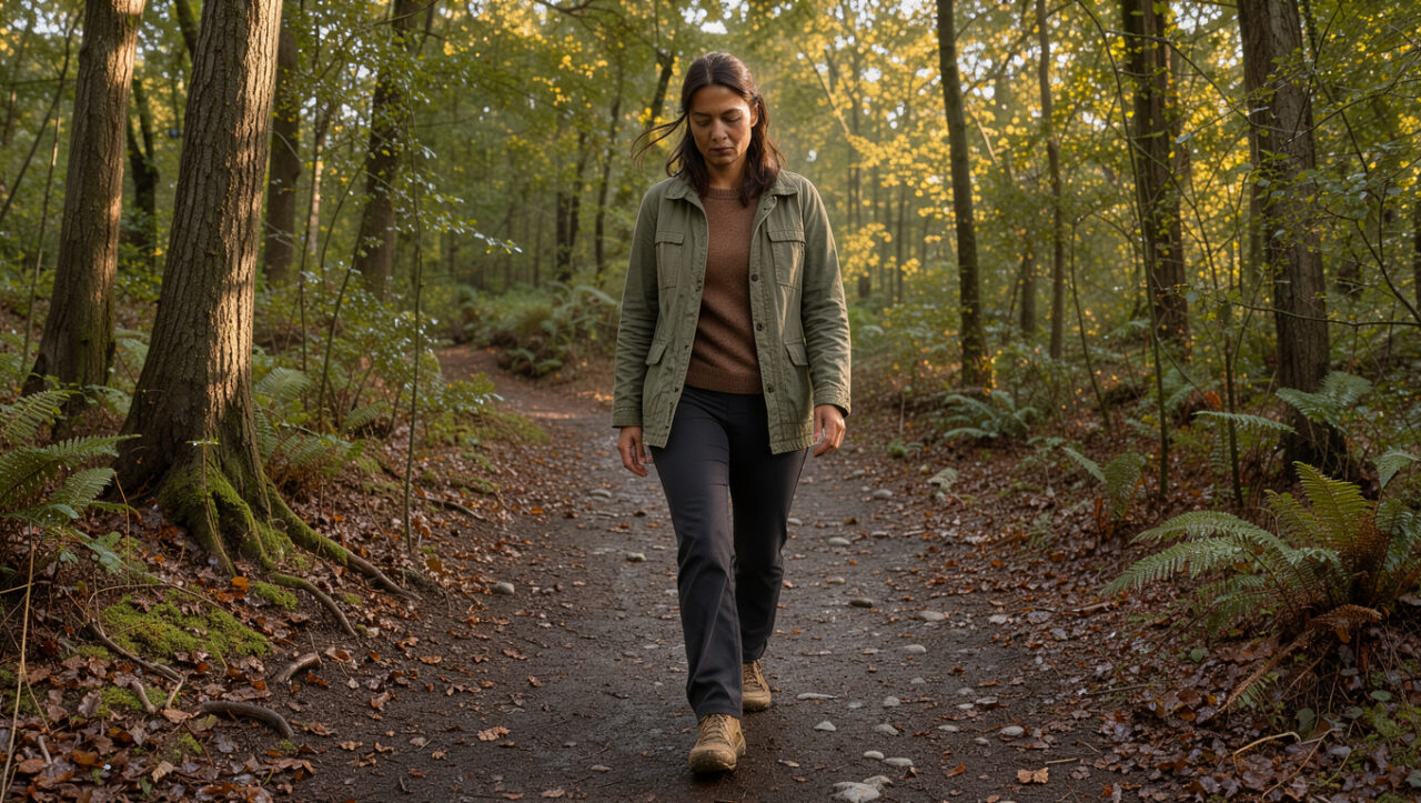 Une femme marche lentement et consciemment sur un sentier forestier, dans une atmosphère paisible qui évoque l’ancrage intérieur.