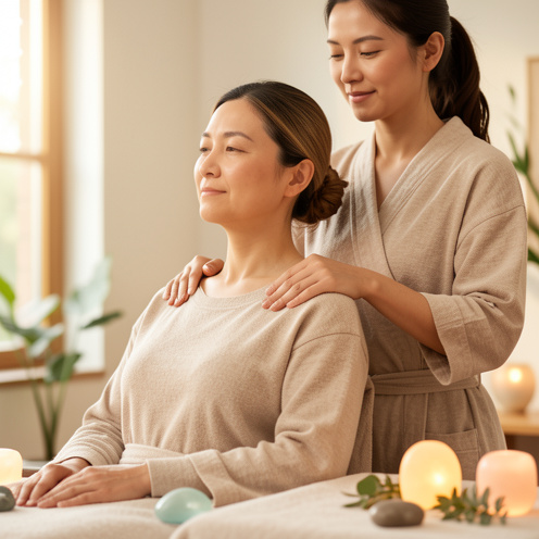 Une femme adulte reçoit un massage des épaules d’une thérapeute dans un espace de bien-être calme, éclairé par une lumière naturelle et entouré d’éléments évoquant l’énergie et la relaxation.