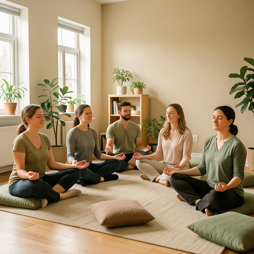 Groupe d’adultes assis en cercle dans une salle paisible à Angers, participant à une séance de méditation collective.