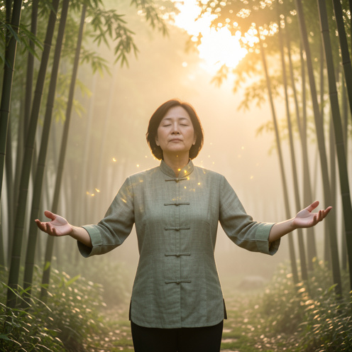 Une femme d’âge mûr pratique le qi gong dans un jardin de bambous au lever du jour, les bras ouverts dans un mouvement lent et harmonieux.