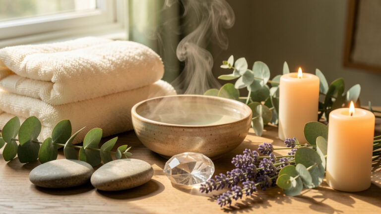 Ambiance sereine d’un spa avec pierres lisses, serviettes ivoire, eau, eucalyptus, lavande et bougies autour d’un cristal.
