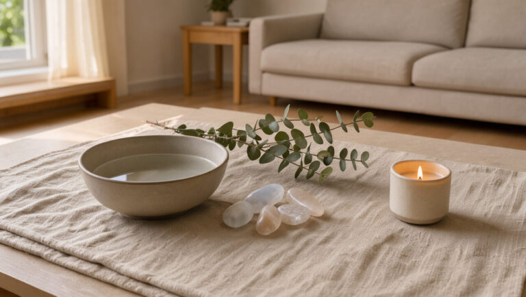 Salon lumineux et apaisant avec un bol en céramique, des branches d’eucalyptus, des cristaux et une bougie disposés sur un tissu en lin naturel.