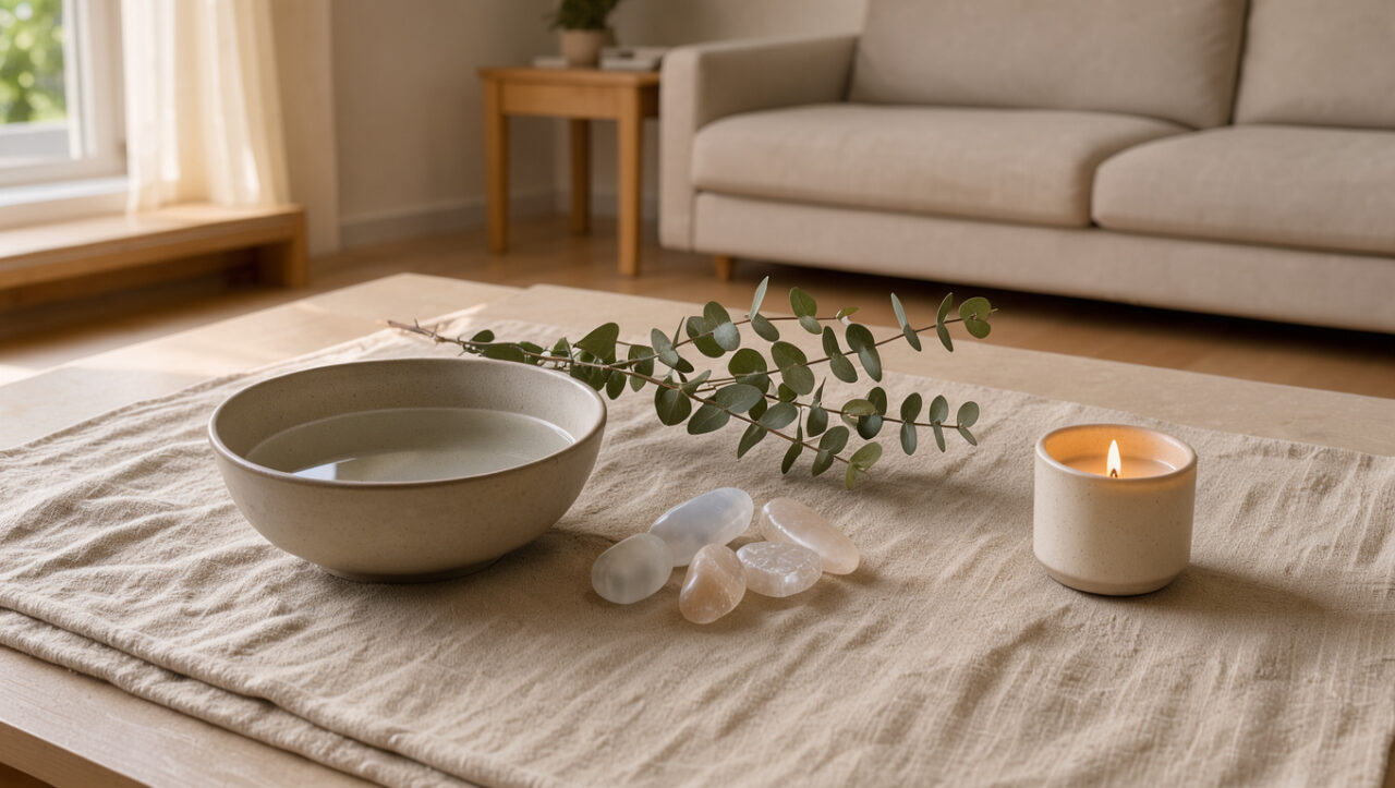 Salon lumineux et apaisant avec un bol en céramique, des branches d’eucalyptus, des cristaux et une bougie disposés sur un tissu en lin naturel.