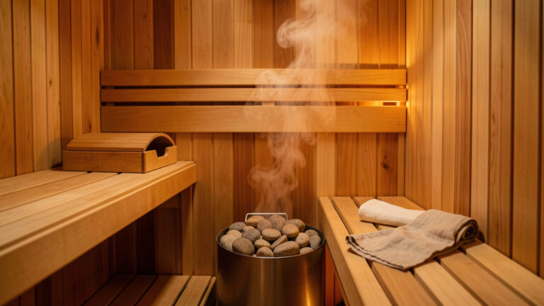 Sauna domestique en bois chaleureux avec pierres chauffées, vapeur douce et lumière ambrée créant une atmosphère propice à la détente et au ressourcement.
