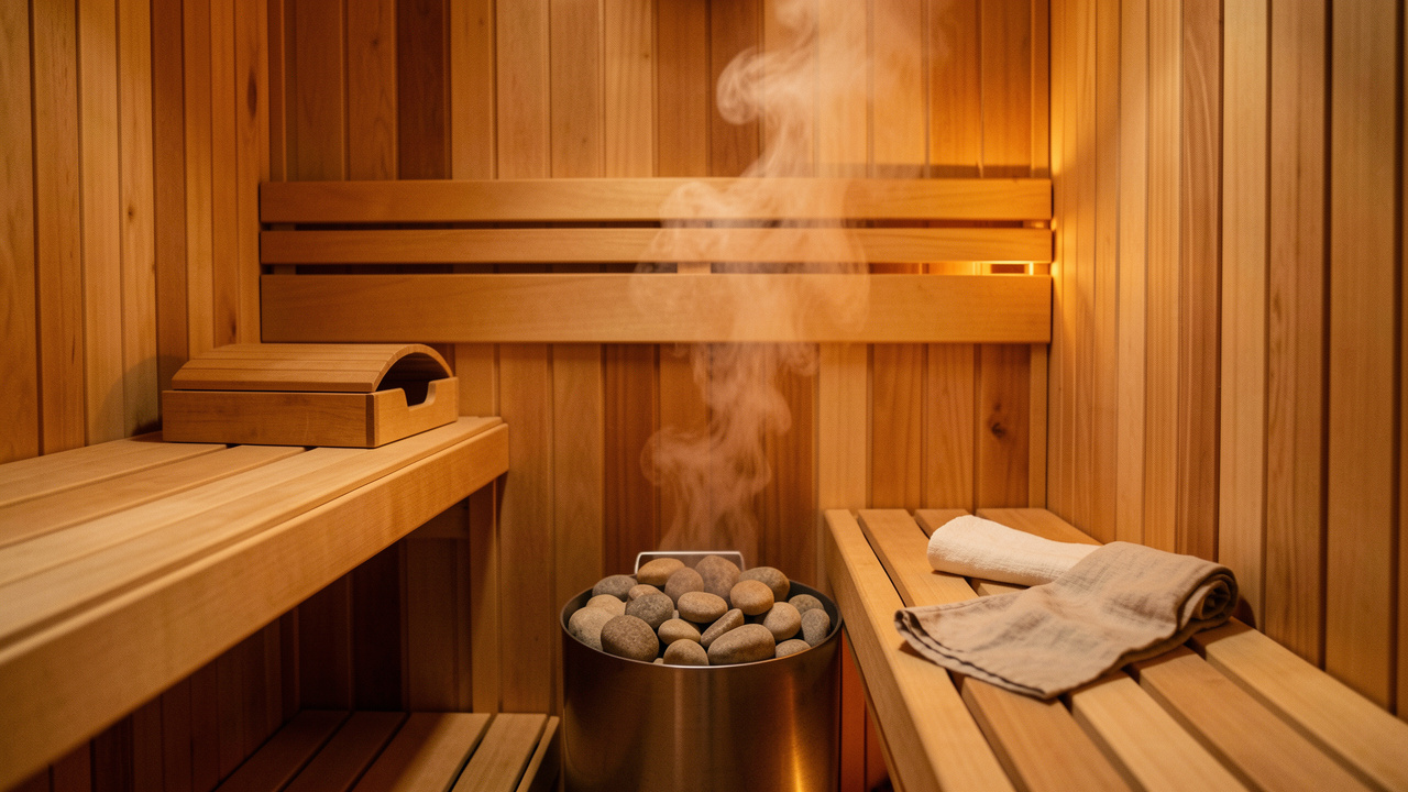 Sauna domestique en bois chaleureux avec pierres chauffées, vapeur douce et lumière ambrée créant une atmosphère propice à la détente et au ressourcement.