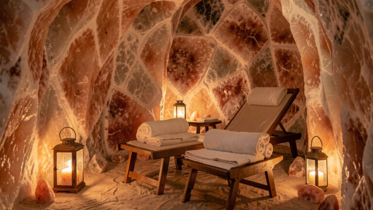 Grotte de sel apaisante aménagée pour une séance de relaxation, éclairée par une lumière chaude et douce.