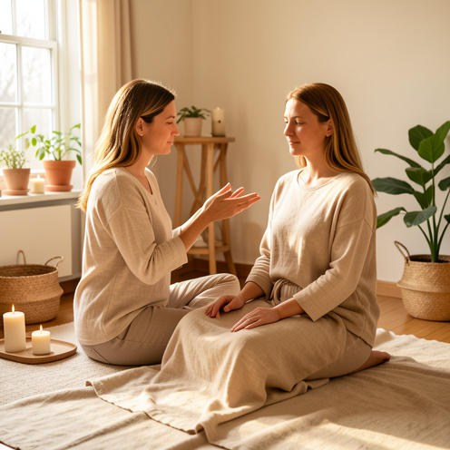 Une praticienne accompagne une femme dans une séance de relaxation inspirée du Reiki, dans une pièce de bien-être lumineuse et apaisante à Angers.
