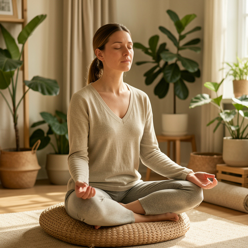 Une femme pratique une respiration relaxante dans une pièce lumineuse et paisible, entourée de plantes et de matières naturelles.