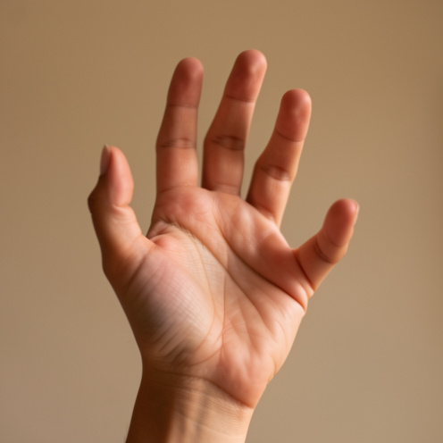 Main d’une femme présentée en gros plan avec les doigts posés dans différentes attitudes symboliques, éclairée par une lumière douce et chaleureuse.