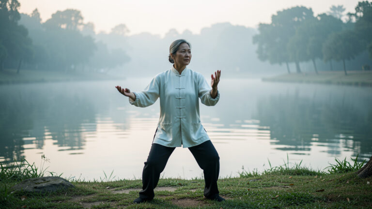 Une femme d’âge mûr pratique le tai-chi au bord d’un lac paisible dans la lumière douce de l’aube, avec une posture stable et des mouvements fluides.