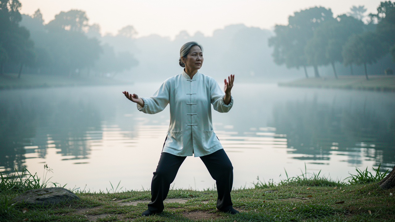 Une femme d’âge mûr pratique le tai-chi au bord d’un lac paisible dans la lumière douce de l’aube, avec une posture stable et des mouvements fluides.