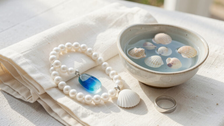Collection de bijoux symboliques inspirés de l’océan, disposés sur du lin ivoire près d’un bol d’eau de mer et de coquillages dans une ambiance de spa côtier.