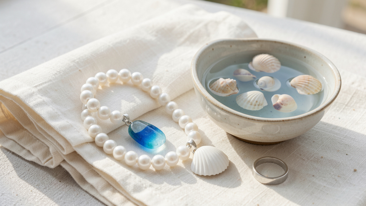 Collection de bijoux symboliques inspirés de l’océan, disposés sur du lin ivoire près d’un bol d’eau de mer et de coquillages dans une ambiance de spa côtier.