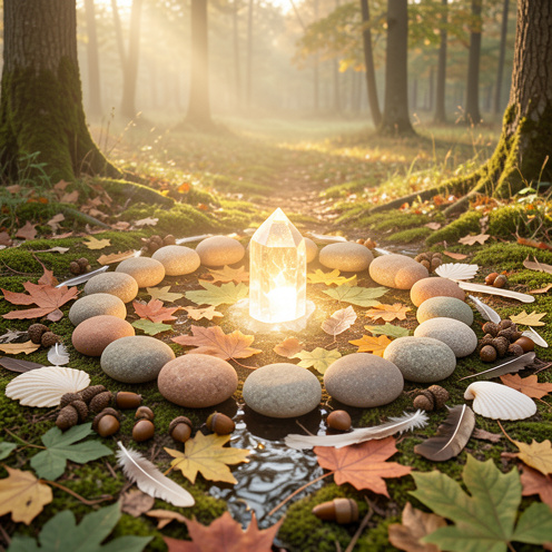 Cercle symbolique de treize pierres entourant un cristal lumineux, au milieu d’éléments naturels évoquant les saisons, la sagesse ancestrale, les cycles et les ressources.