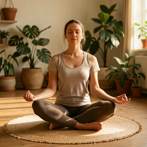Une femme pratique une posture de yoga sur un tapis, les yeux fermés, dans une atmosphère lumineuse et apaisante.